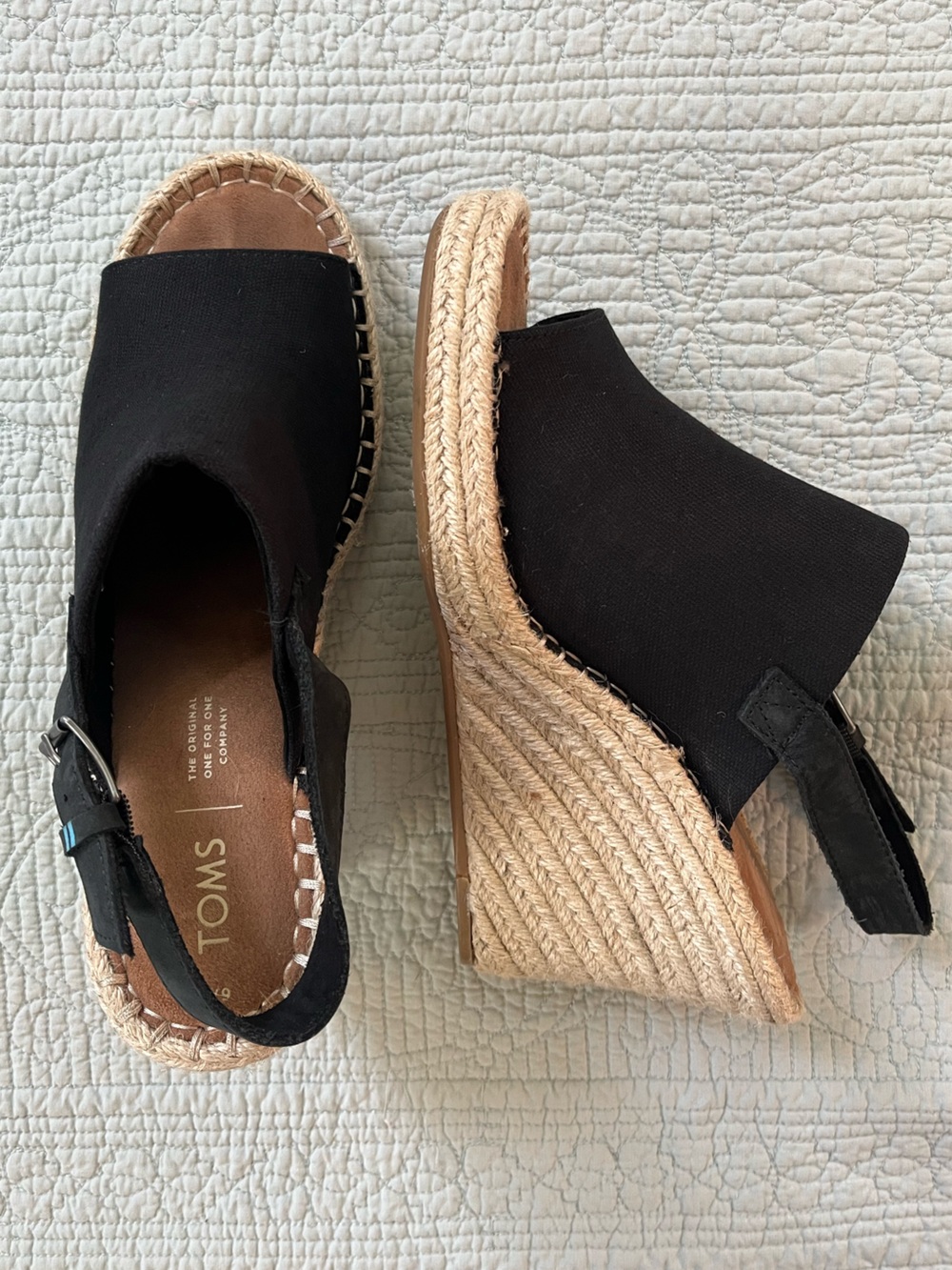 TOMS Monica Black Espadrille Wedge Slingback Peep Toe Sandal w/ Comfort Footbed